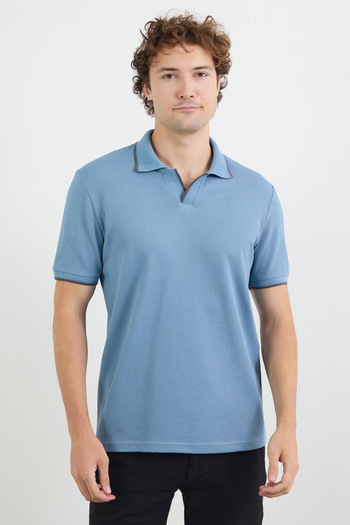 Fulla Moda Striped Waffle Fabric Polo Neck T-Shirt
