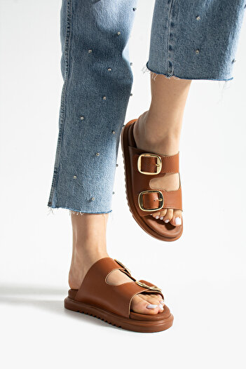 Güllü Shoes Дамски ортопедични чехли от веган кожа с двойна катарама в кафяво | Удобни, стилни и с регулируема подметка