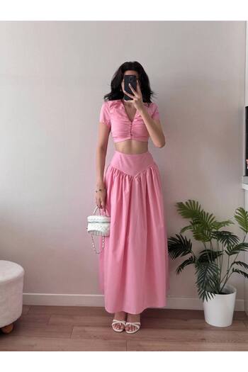 LOCH BUTİK Women's Pink Buttoned Gathered Skirt Double Suit