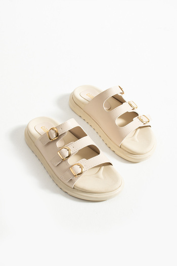 Güllü Shoes Beige Vegan Leather Three Buckle Gold Detailed Women's Slippers |   Stylish Summer Model with Orthopedic Soles
