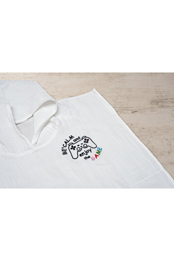 Be'Calm Organic Cotton Muslin -Teenage Poncho - Bathrobe - Towel - Beach - Pool - Surf - White - Game over