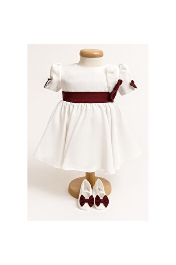 OEM Elegant dress for baby girl with refined design, 3 pieces, booties, headband, white with dark red, 0