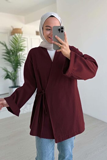 Ka Hijab Side-Tie Linen Kimono - Burgundy