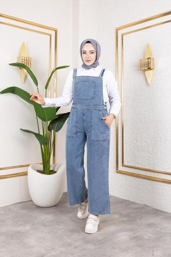 HARMAN BUTİK Salopetă de damă din denim albastru cu detaliu de buzunar