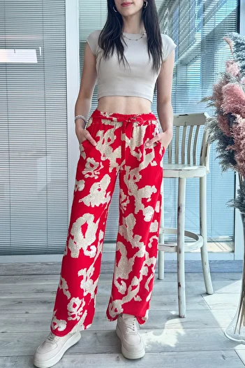 DPARİS Patterned Elastic Waist Comfortable Fit Wide Leg Trousers