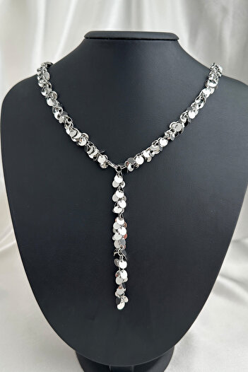 Modex Silver Color Sequin Detailed Sparkling Adjustable Y Necklace (60cm)