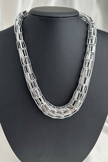 Modex Silver Color Multi-Row Chain Design Necklace (40cm)