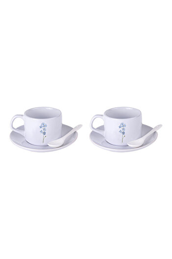 LIWOGY Purple Flower Patterned Tea & Coffee Cup Set with Double Spoon