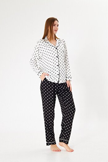 seamlife Women's 100% Cotton Woven Fabric White Polka Dot Pattern Shirt Collar Button-Down Pajama Set with Pockets