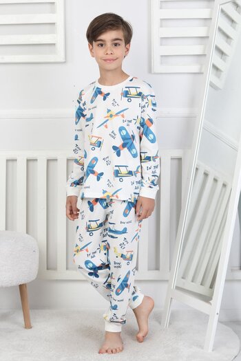 bunny hopp Set pijamale pentru băiat cu mânecă lungă din bumbac 100% imprimat cu avion (3,4,5,6,7,8 ANI)