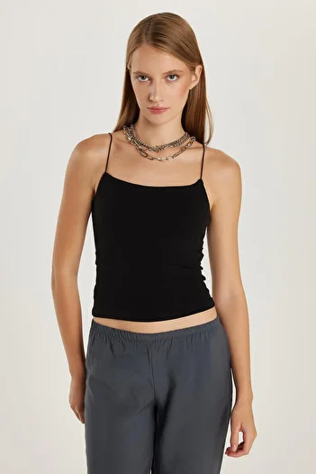 Tudors Women's Slim Fit Slim Fit Thin Strap Square Neck Black Body Undershirt
