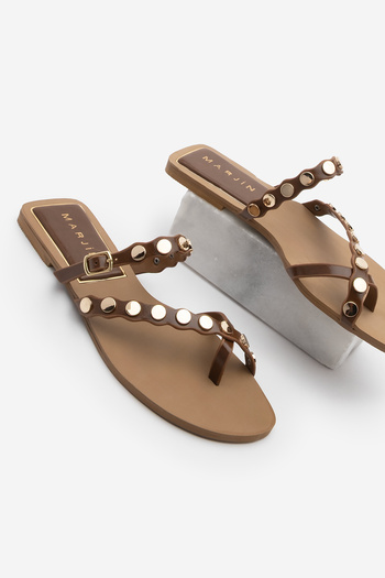 Marjin Women's Studded Trock Buckle Strap Flip Flops Daily Slippers Nareli Tan