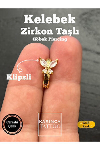 Karınca Piercing Kelebek Zirkon Taşlı Göbek Piercingi Klipsli Belly Karınca Piercing