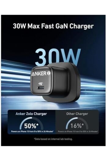 Anker شاحن زولو USB C بقوة 30 وات، شاحن GaN USB C صغير الحجم، تحكم محسّن في درجة الحرارة، متوافق