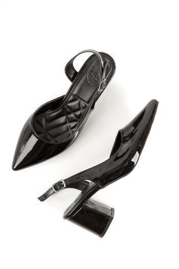 Modabuymus Verlik Black Patent Leather Short Thick Heeled Stiletto Asymmetrical Strap Women's Shoes