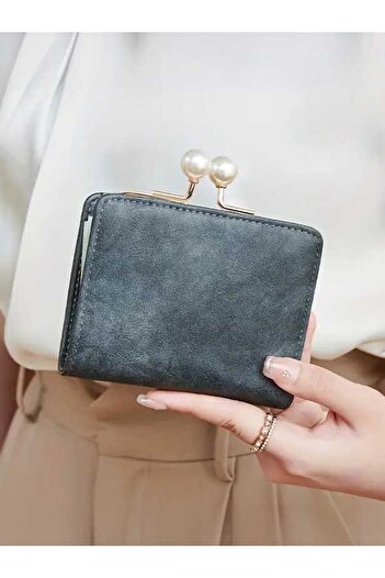 Deri Cuzdan Honey Girl Style Lightweight Pearl Detail, Kiss Lock Closure Multi Card Slot Kiss Lock Women's Gray Wallet