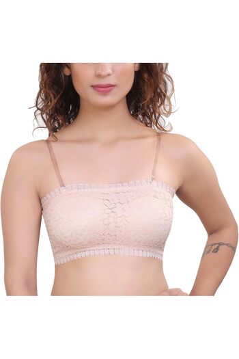 Glamroot Women's Padded Seamless Floral Lace Tube Bra Strapless Bra with Removable Soft Cups