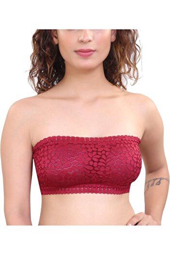 Glamroot Women's Padded Seamless Floral Lace Tube Bra Strapless Bra with Removable Soft Cups, Free S