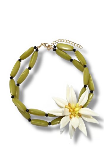 Finery by Nerrs Oil Green Beads, White Flower Necklace Earrings Set
