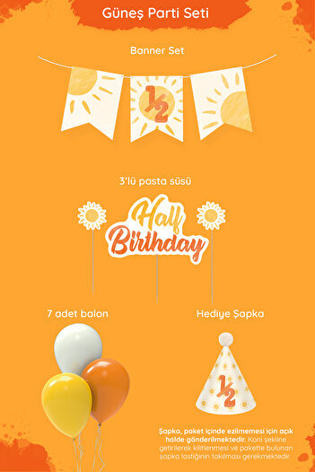 Hey Parti Sun 6 Month Half Age Birthday Party Set (Banner, Cake Topper, 7 Balloons, Hat)