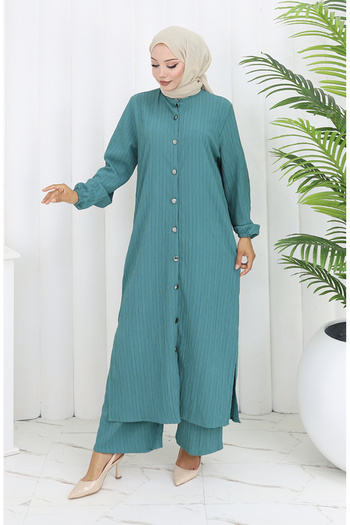sefamerve Brocade Fabric Tunic Pants Two-Piece Set 2093-02 Petrol