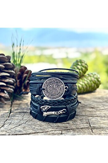 BSN Store سوار رجالي من الجلد الطبيعي بتصميم VEGVISIR وAX مكون من 5 قطع