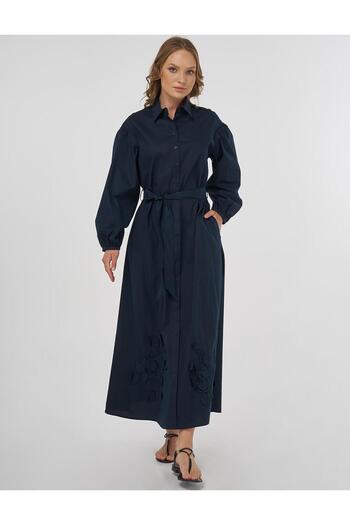 Kayra Floral Appliqued Cotton Dress Dark Navy Blue