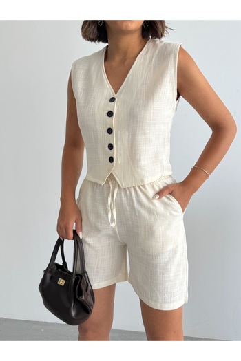 BEJNA Women's Cream Linen Vest Shorts Bottom Top Set