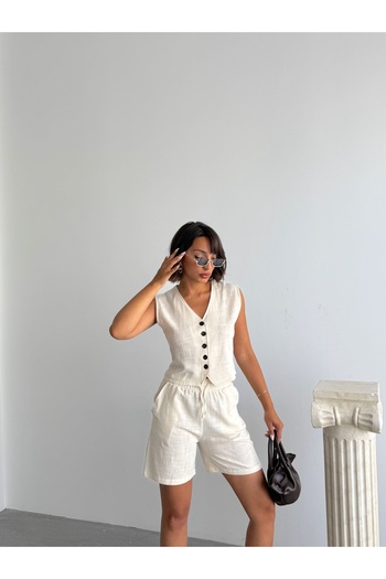 BEJNA Women's Cream Linen Vest Shorts Bottom Top Set