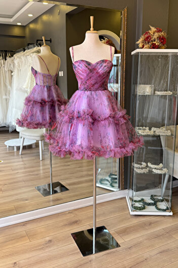 Lenta Moda Lila Fırfır Detaylı Mini Abiye ve Parti Elbisesi