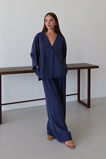 Laluvia Navy Blue Single Button Detailed Modal Suit - 51173