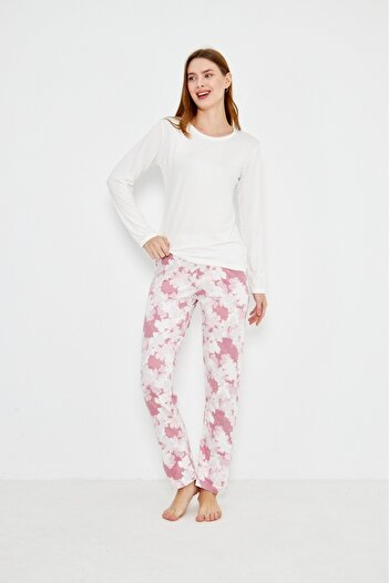 ÇağrıHome Women's 100% Cotton Luxury Viscose Fabric White Six Flower Pattern Long Sleeve Thin Winter Pajamas Set