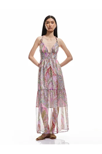 Koton Lined Ethnic Pattern Layered Halter Neck Strap Long Chiffon Dress