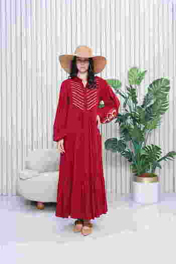 EL jadida Women's Embroidered Plus Size Long Viscose Dress Burgundy