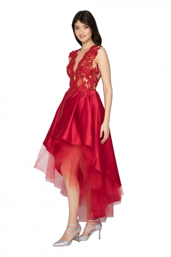 Atmosphere Fashion Asymmetrical red dress with train and lace