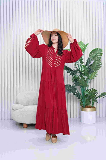 EL jadida Women's Embroidered Plus Size Long Viscose Dress Burgundy
