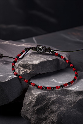 OSMANLI GÜMÜŞ Men's Black Red Natural Stone Bracelet – Adjustable Braided Rope Design – Minimal Style