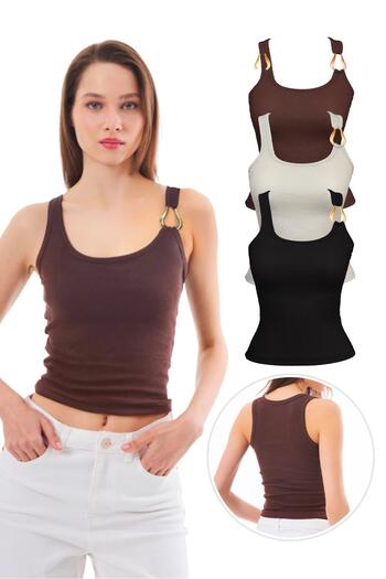 Cottonhill Cotton Thick Strap Ribbed Buckle Detailed Women's Tank Top 3 Pack