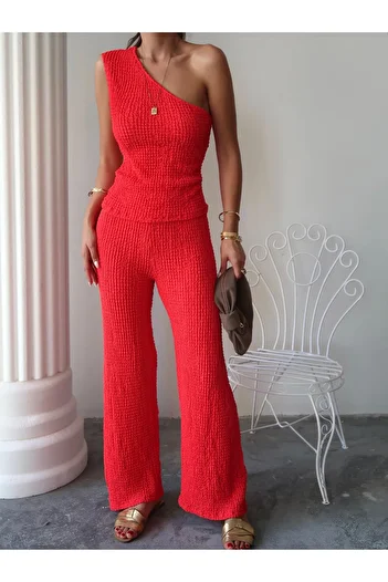 Paw Garage Women's Morgan Pomegranate Flower Seersucker Fabric Single Shoulder Strap Blouse-Pants Double Suit
