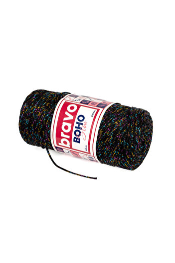 Bravo Νήματα μακραμέ από πολυεστέρα Boho Glitter 200 gr 270 μέτρα (Κωδικός χρώματος: 270M) Μαύρο Πολύχρωμο