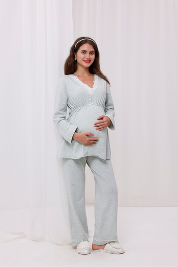 Yulem Homewear Su Yeşili Melanj Dantel Yaka Lohusa Hamile Sabahlıklı 3'lü Pijama Takım Set