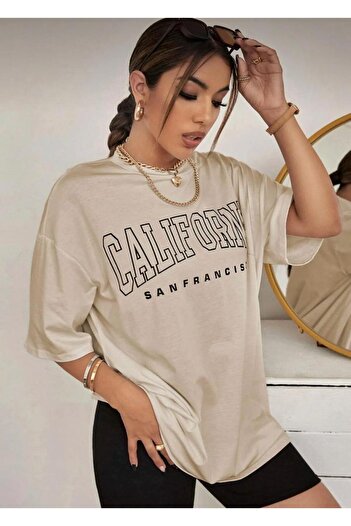 khufu Oversize βαμβακερό μπεζ χρώμα CALIFORNIA SAN FRANCISCO Μπλουζάκι unisex με στάμπα casual