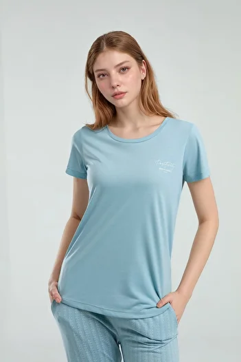 Pierre Cardin Set pijamale din viscoză albastră cu mânecă scurtă pentru femei Q9P0K0C8K