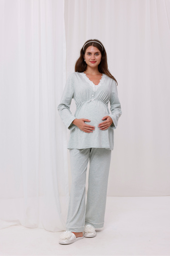 Yulem Homewear Su Yeşili Melanj Dantel Yaka Lohusa Hamile Sabahlıklı 3'lü Pijama Takım Set
