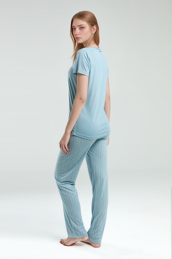 Pierre Cardin Set pijamale din viscoză albastră cu mânecă scurtă pentru femei Q9P0K0C8K