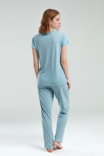 Pierre Cardin Kadın Kısa Kol Derin Yaka Mavi Viskon Pijama Takımı Q9P0K0C9K