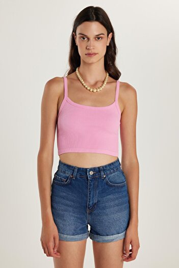 Tudors Kadın Slim Fit Kare Yaka Düz Basic Pembe Crop Atlet