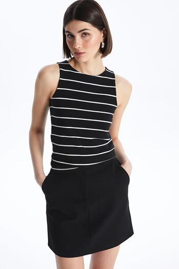 TENA Women's Black-White Swimmer Model Crew Neck Full Licra Striped Rib Tank Top