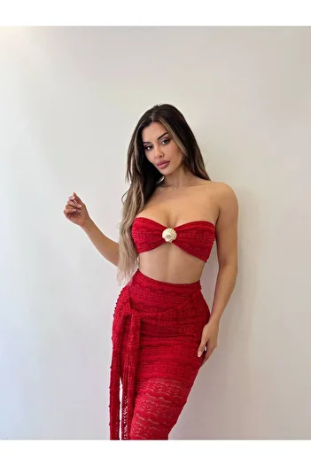369 etnik butik Seashell Detailed Lace Bandeau Crop & Slit Long Skirt Set