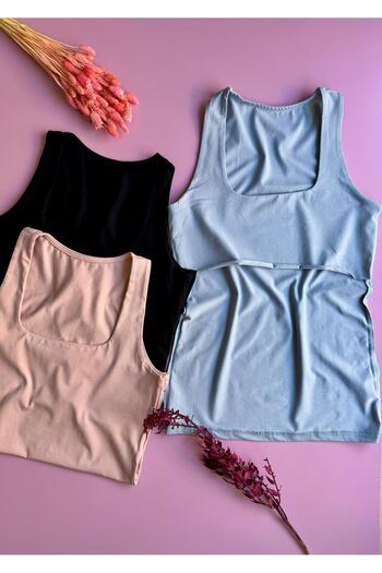 VicTroy Squella |   3-Piece Chest Double Layer Black, Blue and Dusty Rose Cotton Square Collar Women's Tshirt-Undershirt Set